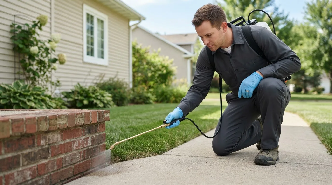 Pest control technician treating a home near Tichnor, AR